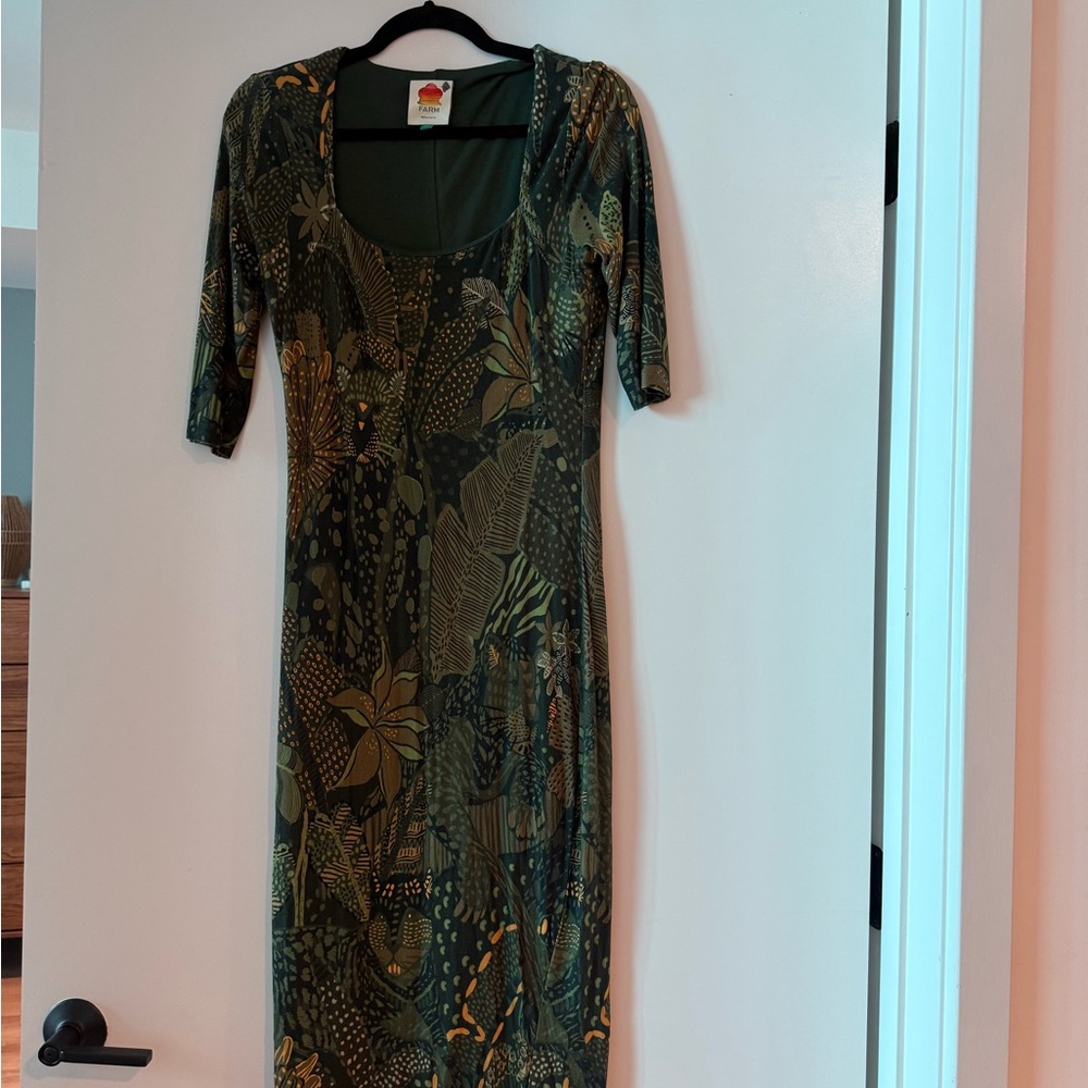 FARM Rio Olive & Mustard Botanical Scoop-Neck Midi Dress